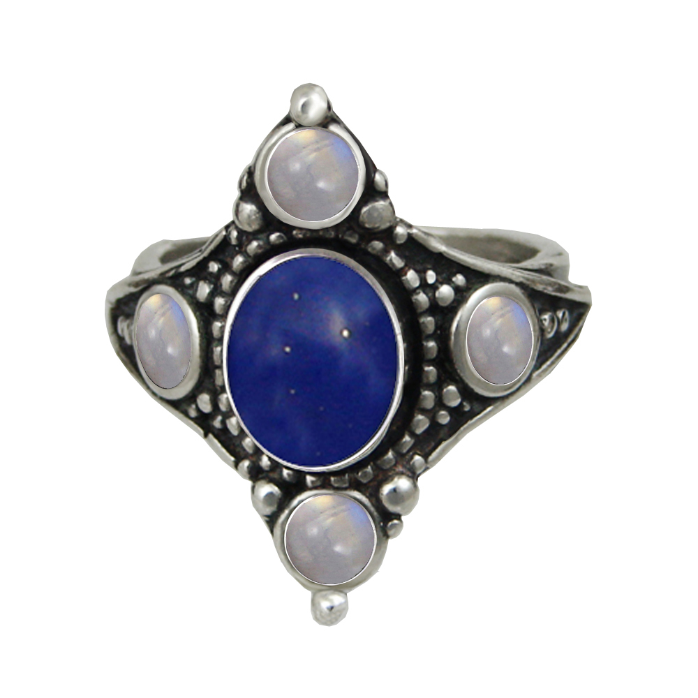 Sterling Silver Renaissance Queen's Ring With Lapis Lazuli And Rainbow Moonstone Size 8